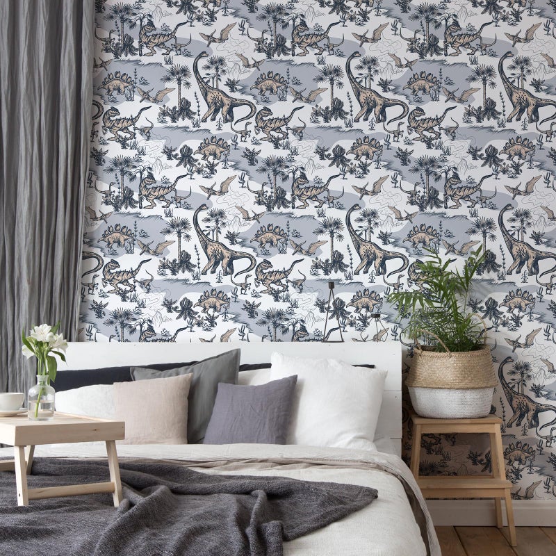 VaryStyle Dinosaurs Peel and Stick Wallpaper Grey/White Hand Drawn Landscape Wallpaper Self Adhesive Whimsical Kids Wallpaper Decorative Contact Paper for Boys Room Playroom Walls Drawers 17.7"x118" - Image 2