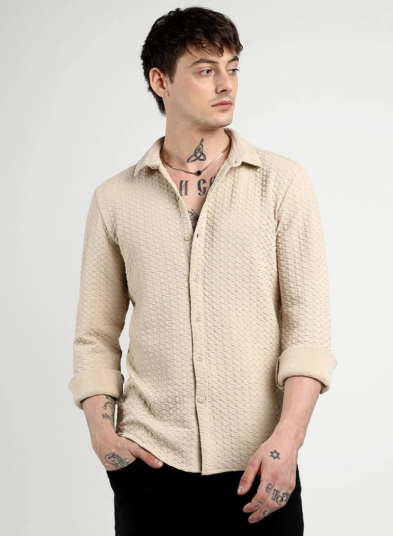 Campus Sutra Men's Beige Ripple Box Shirt For Casual Wear | Spread Collar | Long Sleeve | Button Closure | Shirt Crafted With Comfort Fit For Everyday Wear