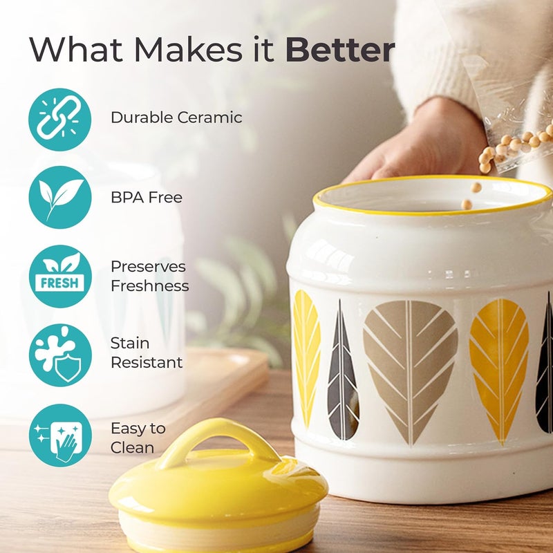 The Better Home جرار سيراميك أفضل للمنزل لتخزين المطبخ مع غطاء حاوية سيراميك محكمة الإغلاق جرة متعددة الاستخدامات للخل والحبوب والبقول 25 لتر أصفر 25L - Image 3
