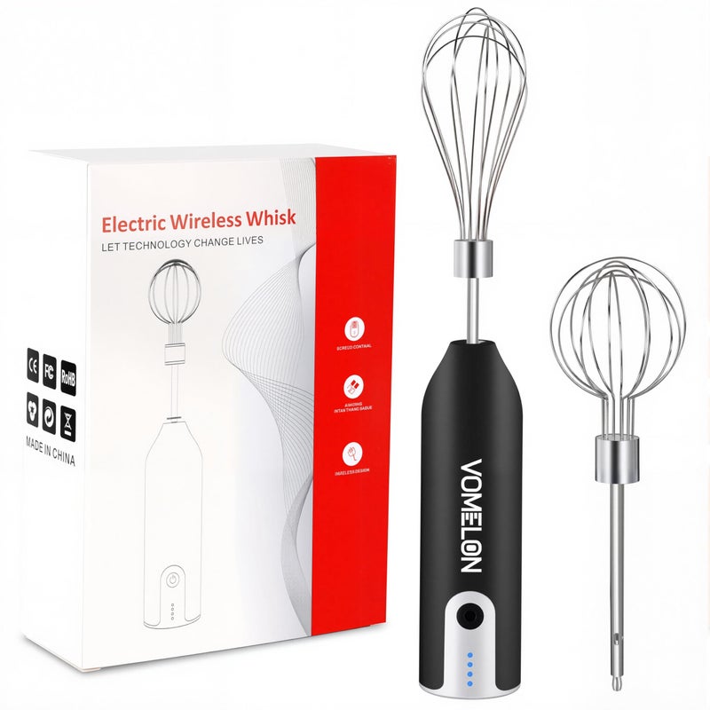Vomelon Electric Hand Mixer Whisk Wireless Rechargeable Handheld Egg Beater with 2 Stainless Steel Mixing Heads  Portable Kitchen Aid Hand Mixer for Egg Milkshake Cream Cake Baking  CookingBlack 