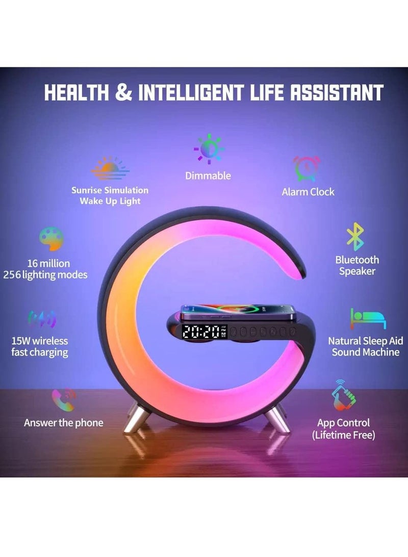 شاحن لاسلكي مع مكبر صوت يعمل بالبلوتوث منبه بإضاءة LED ليلية للرد على المكالمات و 15 وات سريع الشحن للتحكم في تطبيق التحكم في ضوء التنفس الديناميكي - Image 2