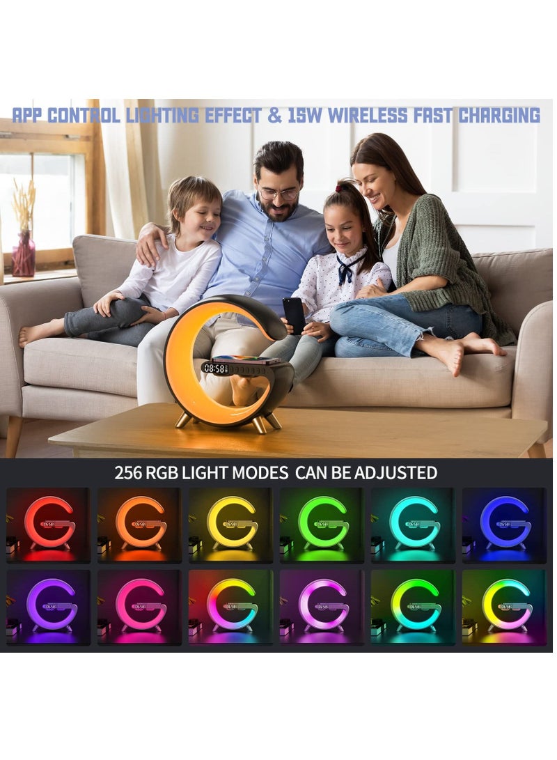 شاحن لاسلكي مع مكبر صوت يعمل بالبلوتوث منبه بإضاءة LED ليلية للرد على المكالمات و 15 وات سريع الشحن للتحكم في تطبيق التحكم في ضوء التنفس الديناميكي - Image 3