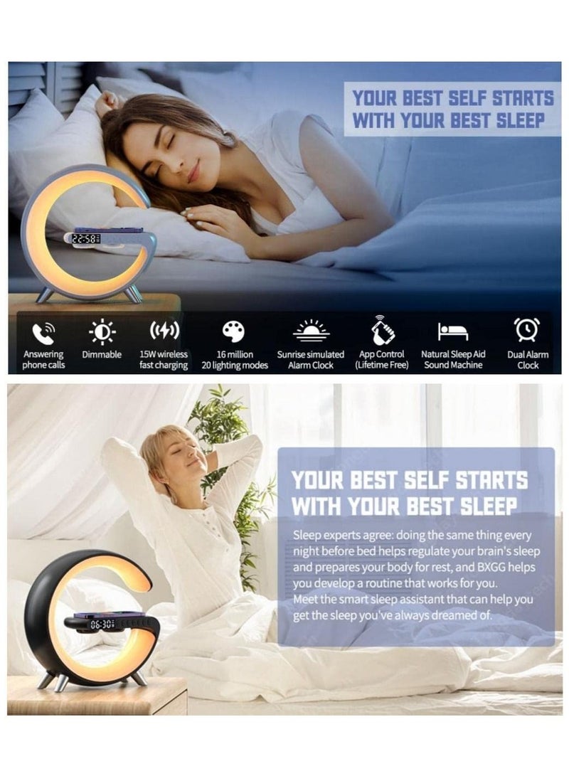 شاحن لاسلكي مع مكبر صوت يعمل بالبلوتوث منبه بإضاءة LED ليلية للرد على المكالمات و 15 وات سريع الشحن للتحكم في تطبيق التحكم في ضوء التنفس الديناميكي - Image 4