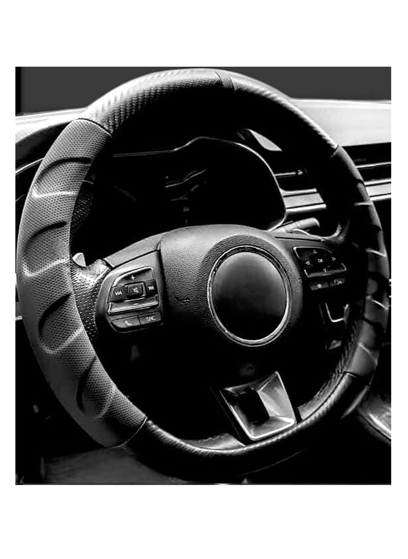 Generic Leather Breathable Carbon mat Fiber Steering Wheel Cover for Women and Man, Universal 15 Inch, Fit Suv, Vans, sedans, Cars, Trucks - Black - MT BEST BUY 