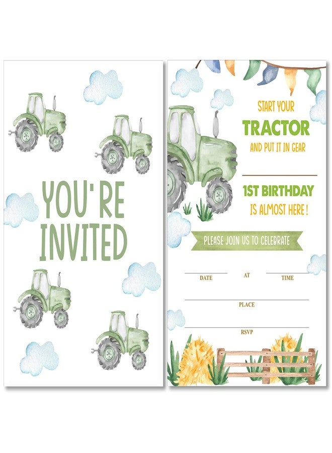 Soiceu Cute Tractor 1st Birthday Party Invitations with Envelopes Set of 20 Green Boy Farm 1st 1 Year Old First Birthday Party Invites - Image 1