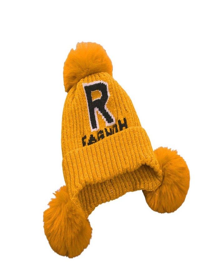 V3E Kids Knitted Hat, Letter Print Woolen Cap Earmuffs Hat with Fuzzy Balls for Girls Boys (Yellow) - Image 2