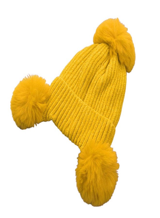 V3E Kids Knitted Hat, Letter Print Woolen Cap Earmuffs Hat with Fuzzy Balls for Girls Boys (Yellow) - Image 3