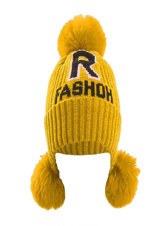 V3E Kids Knitted Hat, Letter Print Woolen Cap Earmuffs Hat with Fuzzy Balls for Girls Boys (Yellow) - Image 1