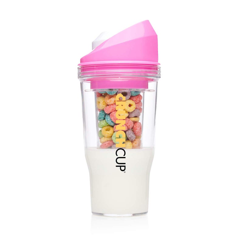 CrunchCup كوب كرانش كاب XL وردي - أكواب حبوب بلاستيكية محمولة للإفطار أثناء التنقل، حاوية حبوب وحليب لوجبة الإفطار المفضلة لديك، لا حاجة لملعقة أو وعاء - Image 1
