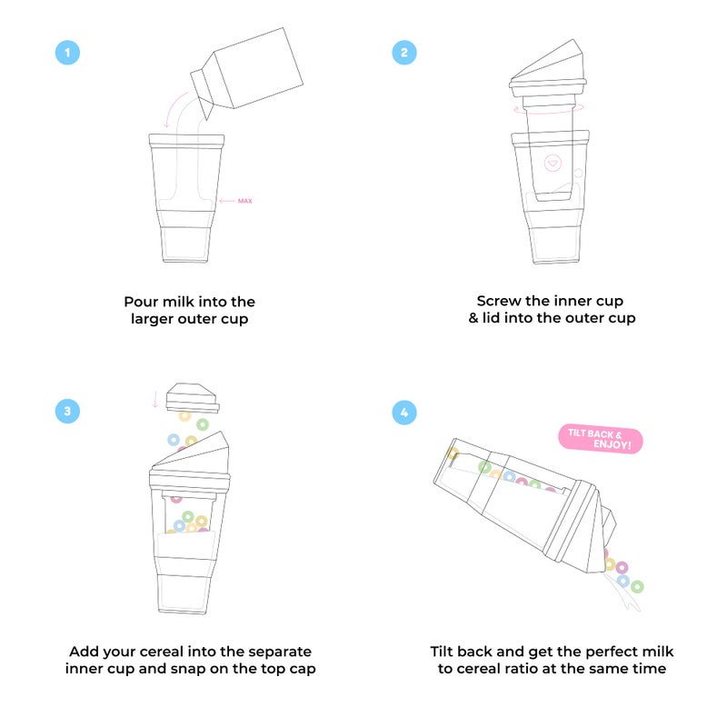 CrunchCup كوب كرانش كاب XL وردي - أكواب حبوب بلاستيكية محمولة للإفطار أثناء التنقل، حاوية حبوب وحليب لوجبة الإفطار المفضلة لديك، لا حاجة لملعقة أو وعاء - Image 4