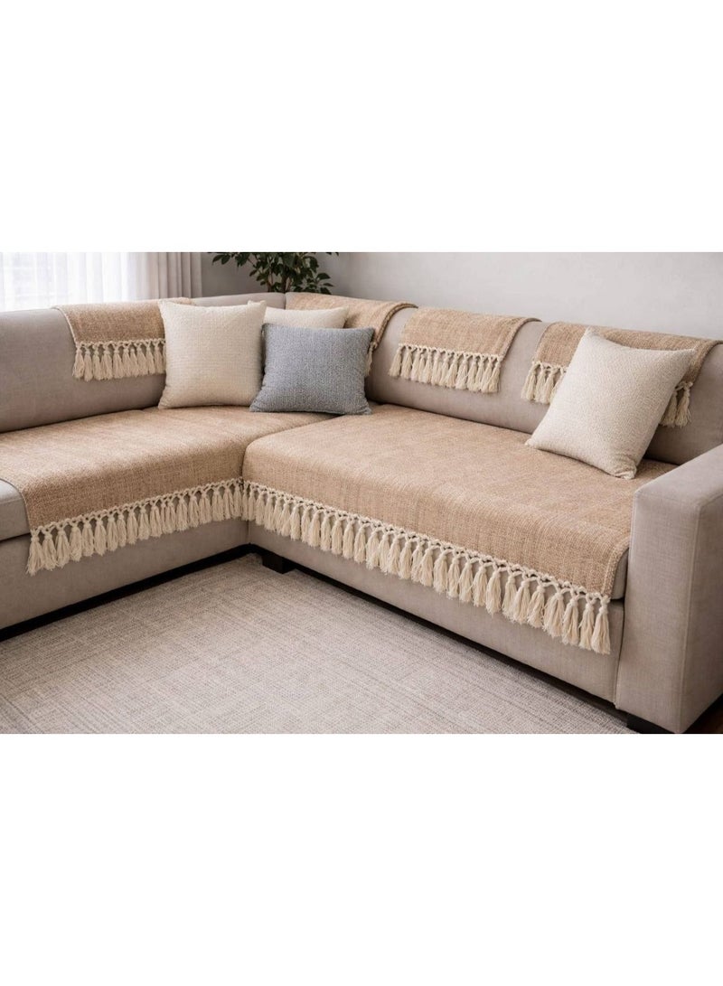 The Hekaya set is made of linen, a fabric that will last all year round, summer and winter.  It also features a decorative trim. 10-piece set: 1 large sofa (195 x 90 cm), 1 medium sofa (145 x 90 cm), 2 chairs (80 x 80 cm), 6 back cushions (45 x 45 cm) - Image 1