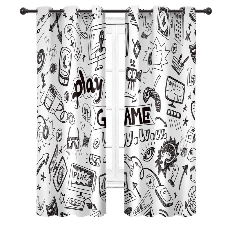 Cinbloo Kids Video Games Blackout Curtains 29W x 63L Inch Black White Gaming Curtains Teen Boys Bedroom Decor Gamer Theme 90s Cool Art Printed Living Room Playroom Window Drapes 2 Panels