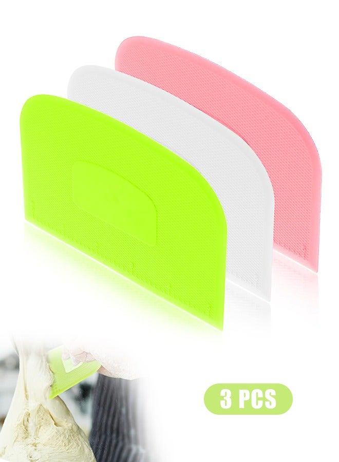 3 Pcs Dough Scraper Bowl Scraper, Food Safe Plastic Dough Cutter Flexible Plastic Scraper, Practical Bench Scraper Multipurpose Food Scrappers for Dough Cake (Green+Pink+White) - Image 1