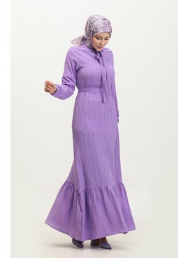 Sefa Merve Sare Tie Collar Pleated Hem Dress 0357-04 Lilac  - Image 2