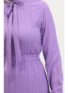 Sefa Merve Sare Tie Collar Pleated Hem Dress 0357-04 Lilac  - Image 4