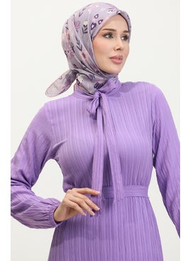 Sefa Merve Sare Tie Collar Pleated Hem Dress 0357-04 Lilac  - Image 3