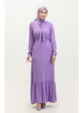 Sefa Merve Sare Tie Collar Pleated Hem Dress 0357-04 Lilac  - Image 1