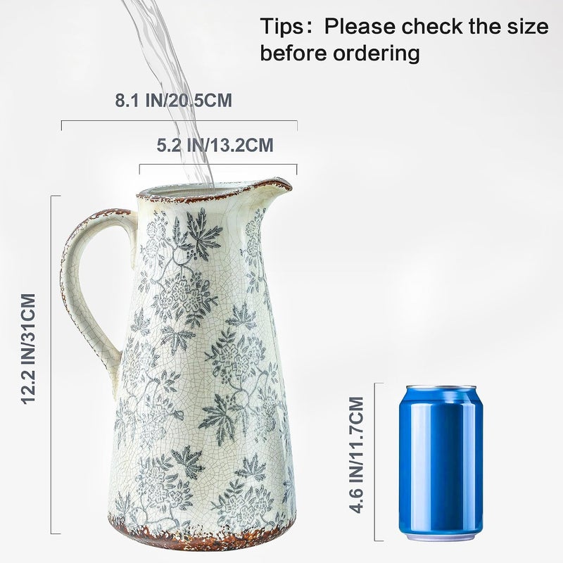 Enra Long term storage compatible Enra Blue and White vase with Handle,12.2 inch Ceramic Vintage Decorative Flower Pitcher vase, Chinoiserie Floral Vase,Large Rustic Vases for Home Decors, Living Room, Bookshelf, Office Multi-goal comprehensive design - Image 2