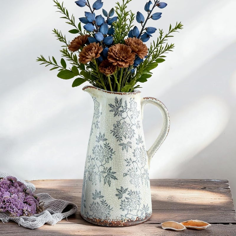 Enra Long term storage compatible Enra Blue and White vase with Handle,12.2 inch Ceramic Vintage Decorative Flower Pitcher vase, Chinoiserie Floral Vase,Large Rustic Vases for Home Decors, Living Room, Bookshelf, Office Multi-goal comprehensive design - Image 1