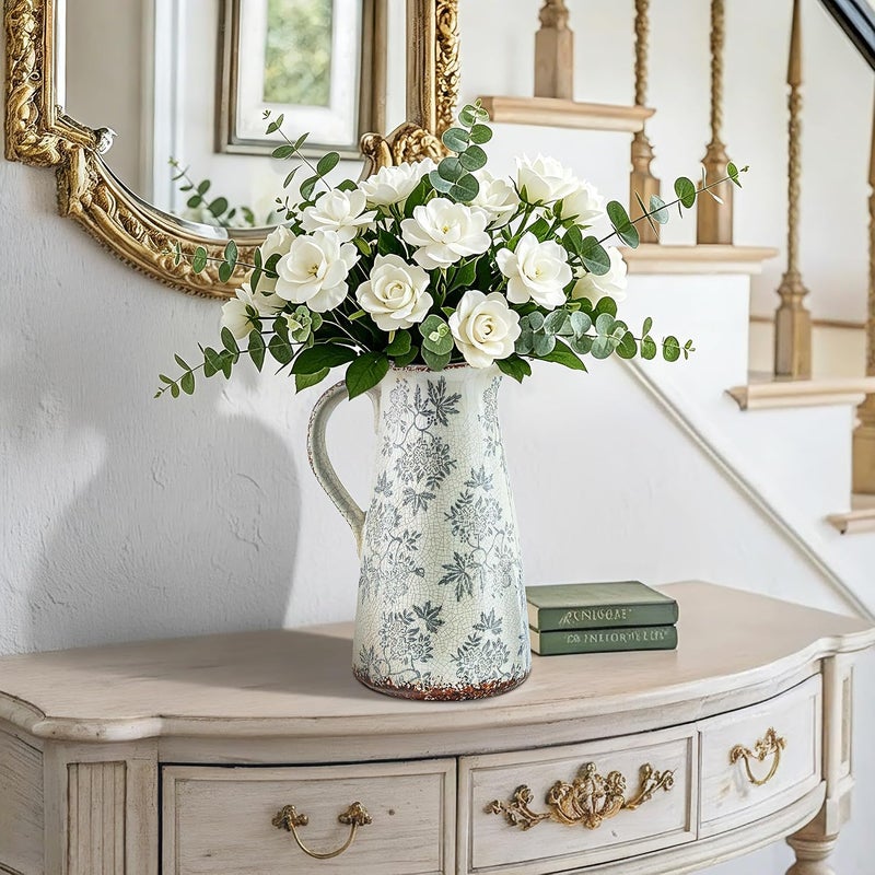 Enra Long term storage compatible Enra Blue and White vase with Handle,12.2 inch Ceramic Vintage Decorative Flower Pitcher vase, Chinoiserie Floral Vase,Large Rustic Vases for Home Decors, Living Room, Bookshelf, Office Multi-goal comprehensive design - Image 5