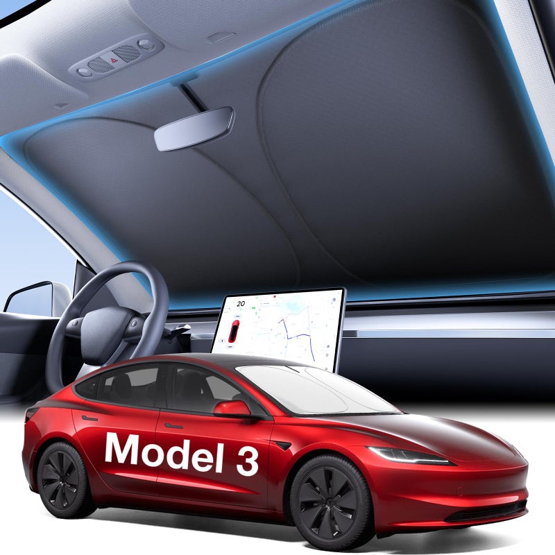 Wigoo 2025 Upgraded Accessories Tesla Model 3 Windshield Sunshade OEM Design 100 Sun Blockage Foldable Heat Insulation Sun Shade with Storage Bag for Tesla Model 3 20162026 Silver Coating
