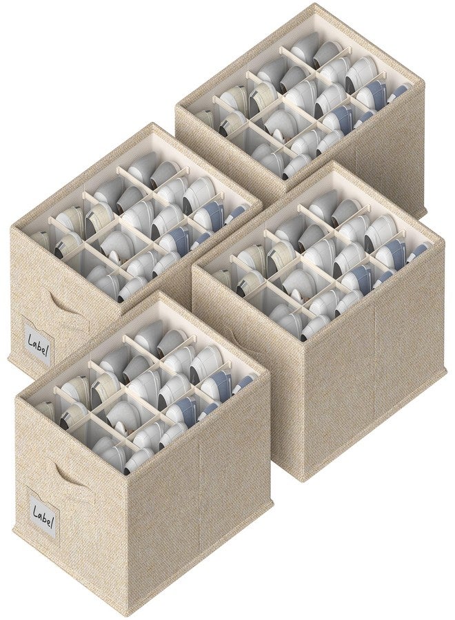 FHSQX 4 Pack Shoe Organizer for Closet,Foldable Shoe Organizer,Fits up to 48 Pairs,Storage Containers with Bottom Support for Shoes (Beige, (16.5 * 12.6 * 9.5) x4) - Image 1