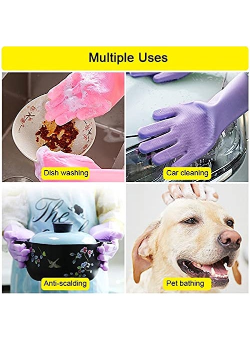 Breewell - Breewell Dishwashing Glove Kitchen Silicone Cleaner Magic Silicone Dish Washing Gloves For Household Scrubber Gloves | Pack of 2 Pair | Pink Color - Image 1