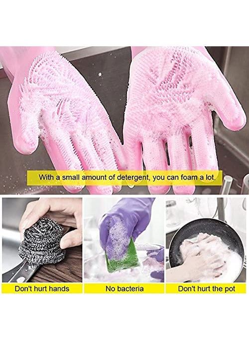 Breewell - Breewell Dishwashing Glove Kitchen Silicone Cleaner Magic Silicone Dish Washing Gloves For Household Scrubber Gloves | Pack of 2 Pair | Pink Color - Image 1