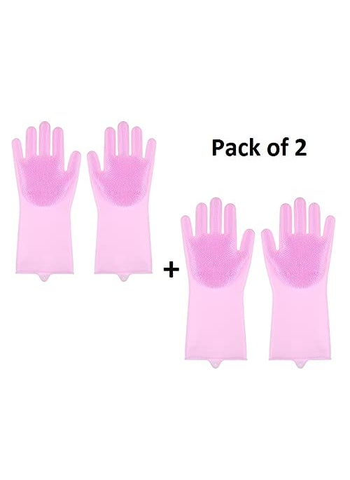 Breewell - Breewell Dishwashing Glove Kitchen Silicone Cleaner Magic Silicone Dish Washing Gloves For Household Scrubber Gloves | Pack of 2 Pair | Pink Color - Image 1