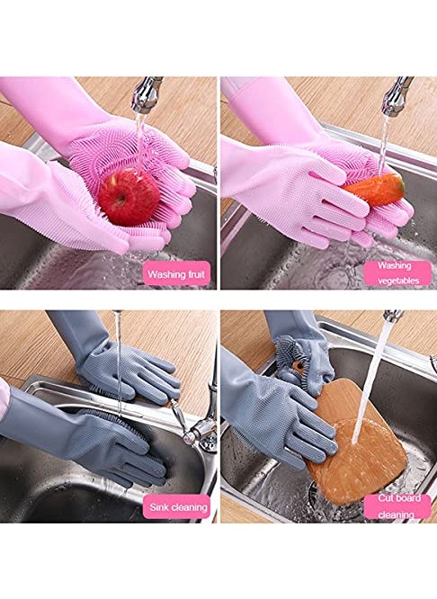 Breewell - Breewell Dishwashing Glove Kitchen Silicone Cleaner Magic Silicone Dish Washing Gloves For Household Scrubber Gloves | Pack of 2 Pair | Pink Color - Image 1