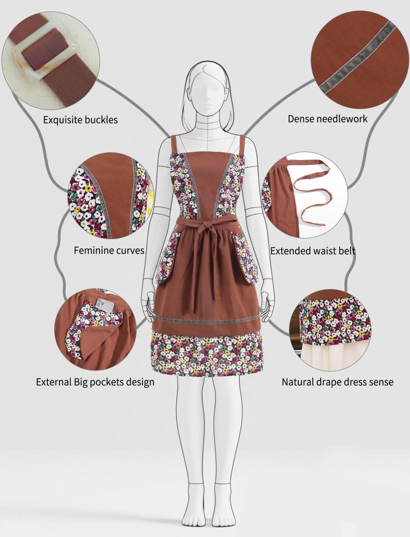 Pinknoke Kitchen Aprons for Women with Pockets Cute Floral Chef Pinafore Apron for Gardening Cooking Baking Painting (Brown) - Image 4