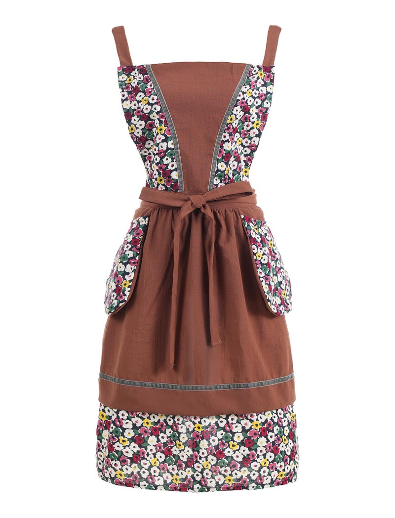 Pinknoke Kitchen Aprons for Women with Pockets Cute Floral Chef Pinafore Apron for Gardening Cooking Baking Painting (Brown) - Image 1