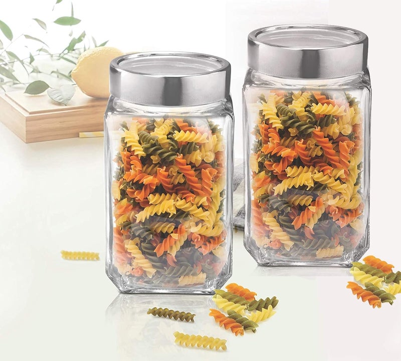 Yera KSM1000 Glass Cube Jar with Steel Lid 1000ml Transparent Storage Container Glass Jar Set Of 2 - Image 1