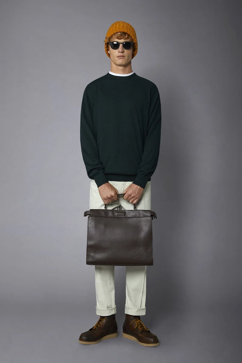 Men's roundneck wool and cotton sweater - Forest Green