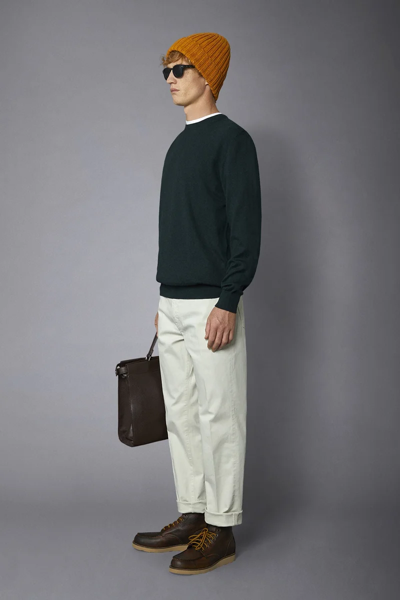 دوبل غانغر Men's roundneck wool and cotton sweater - Forest Green
