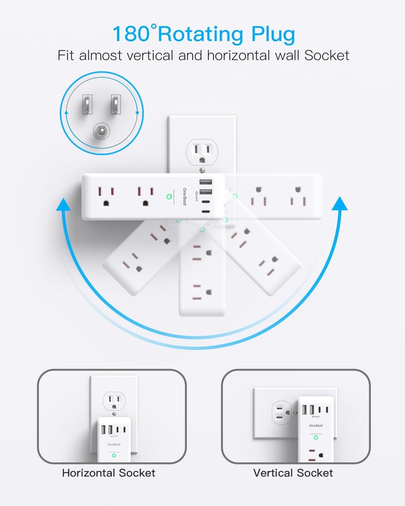 One Beat Surge Protector Outlet Extender with Rotating Plug, 6 AC Multi Plug Outlet with 4 USB Ports (3 USB C), 1800 J, 3-Sided Swivel Power Strip with Spaced Outlet Splitter for Dorm Office, White-2 Pack - Image 2