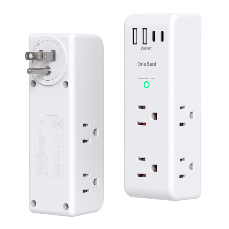 One Beat Surge Protector Outlet Extender with Rotating Plug, 6 AC Multi Plug Outlet with 4 USB Ports (3 USB C), 1800 J, 3-Sided Swivel Power Strip with Spaced Outlet Splitter for Dorm Office, White-2 Pack - Image 1