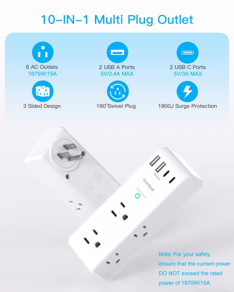 One Beat Surge Protector Outlet Extender with Rotating Plug, 6 AC Multi Plug Outlet with 4 USB Ports (3 USB C), 1800 J, 3-Sided Swivel Power Strip with Spaced Outlet Splitter for Dorm Office, White-2 Pack - Image 3
