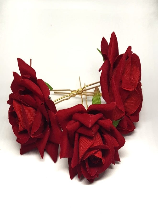 ANVIK Rose Floral Bun Pin For Women, Bridal Hairpin, Handmade Fabric Rose U-Shaped Hair Fork Bun Accessories for Wedding/Marriage Floral Hair Accessories Pack of 3 (red) - Image 1