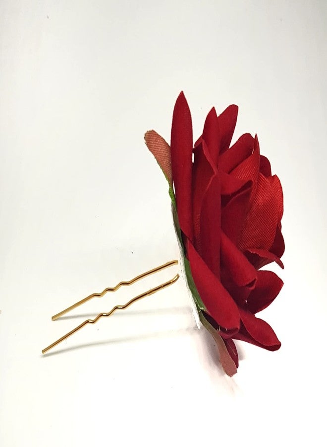 ANVIK Rose Floral Bun Pin For Women, Bridal Hairpin, Handmade Fabric Rose U-Shaped Hair Fork Bun Accessories for Wedding/Marriage Floral Hair Accessories Pack of 3 (red) - Image 2