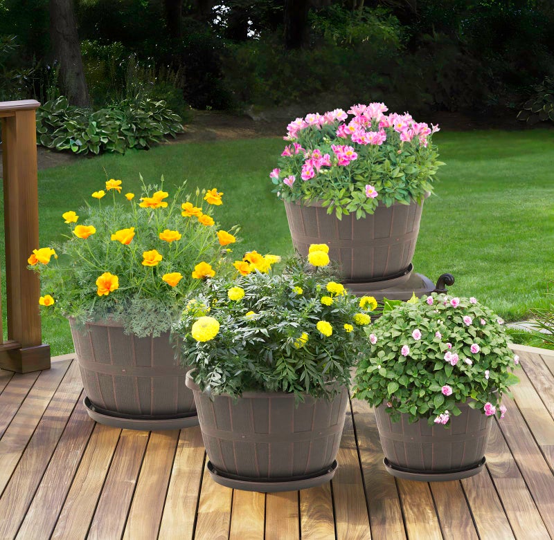 Quarut 10 inch Plastic Flower Pots for Outdoor Plantsï¼Œ4 Pack Large Outdoor Planter Pot with Drainage Holes & Saucersï¼ŒImitation Wine Barrel Designï¼Œfor Indoor Outdoor Garden Plantsï¼ˆBrownï¼‰ - Image 5