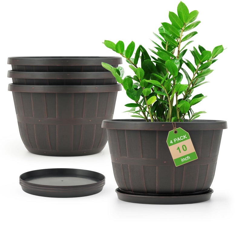 Quarut 10 inch Plastic Flower Pots for Outdoor Plantsï¼Œ4 Pack Large Outdoor Planter Pot with Drainage Holes & Saucersï¼ŒImitation Wine Barrel Designï¼Œfor Indoor Outdoor Garden Plantsï¼ˆBrownï¼‰ - Image 1