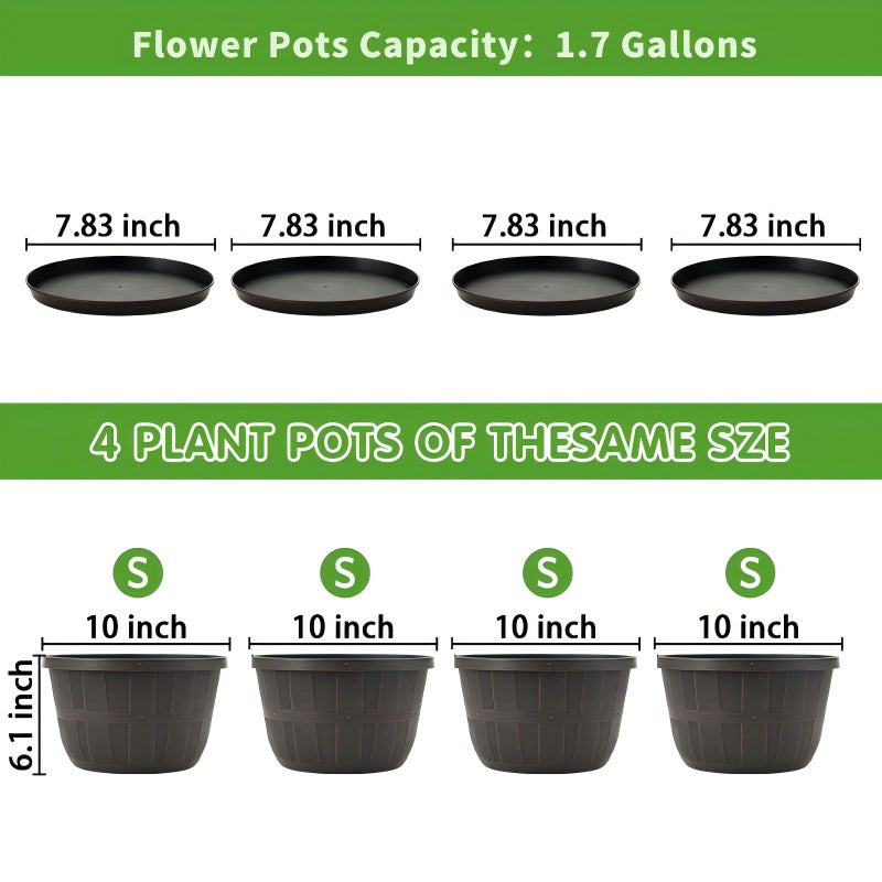Quarut 10 inch Plastic Flower Pots for Outdoor Plantsï¼Œ4 Pack Large Outdoor Planter Pot with Drainage Holes & Saucersï¼ŒImitation Wine Barrel Designï¼Œfor Indoor Outdoor Garden Plantsï¼ˆBrownï¼‰ - Image 4