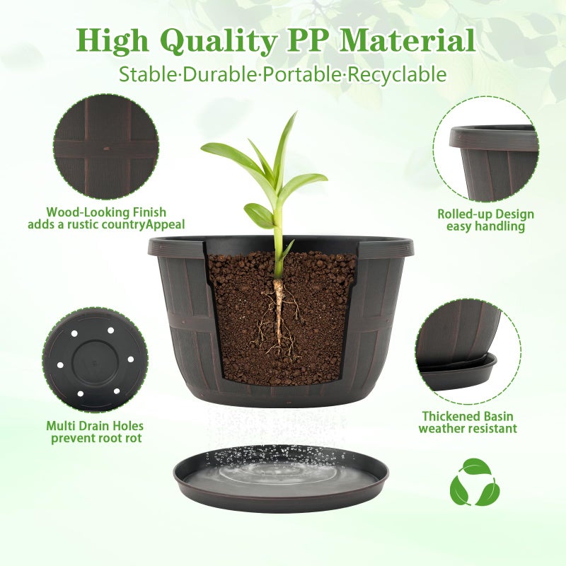 Quarut 10 inch Plastic Flower Pots for Outdoor Plantsï¼Œ4 Pack Large Outdoor Planter Pot with Drainage Holes & Saucersï¼ŒImitation Wine Barrel Designï¼Œfor Indoor Outdoor Garden Plantsï¼ˆBrownï¼‰ - Image 2