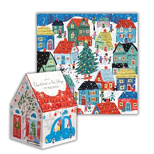 Galison Christmas in The Village – 500 Piece Unique House Shaped Puzzle with Bright and Bold Artwork of Merry Christmas Village Scenery for Adults and Families - Image 1