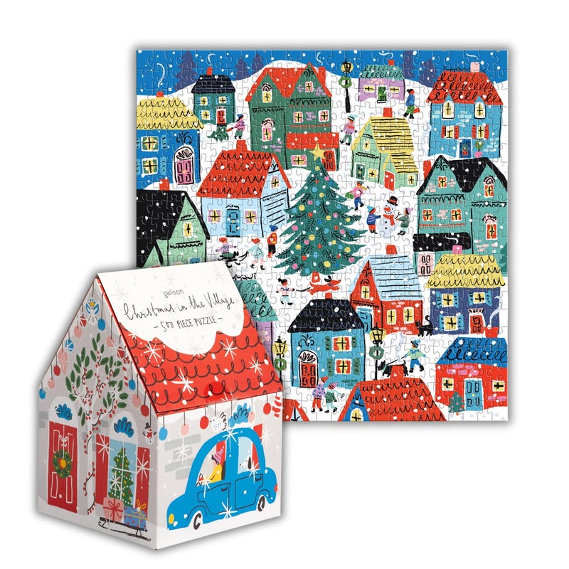 Galison Christmas in The Village – 500 Piece Unique House Shaped Puzzle with Bright and Bold Artwork of Merry Christmas Village Scenery for Adults and Families - Image 5