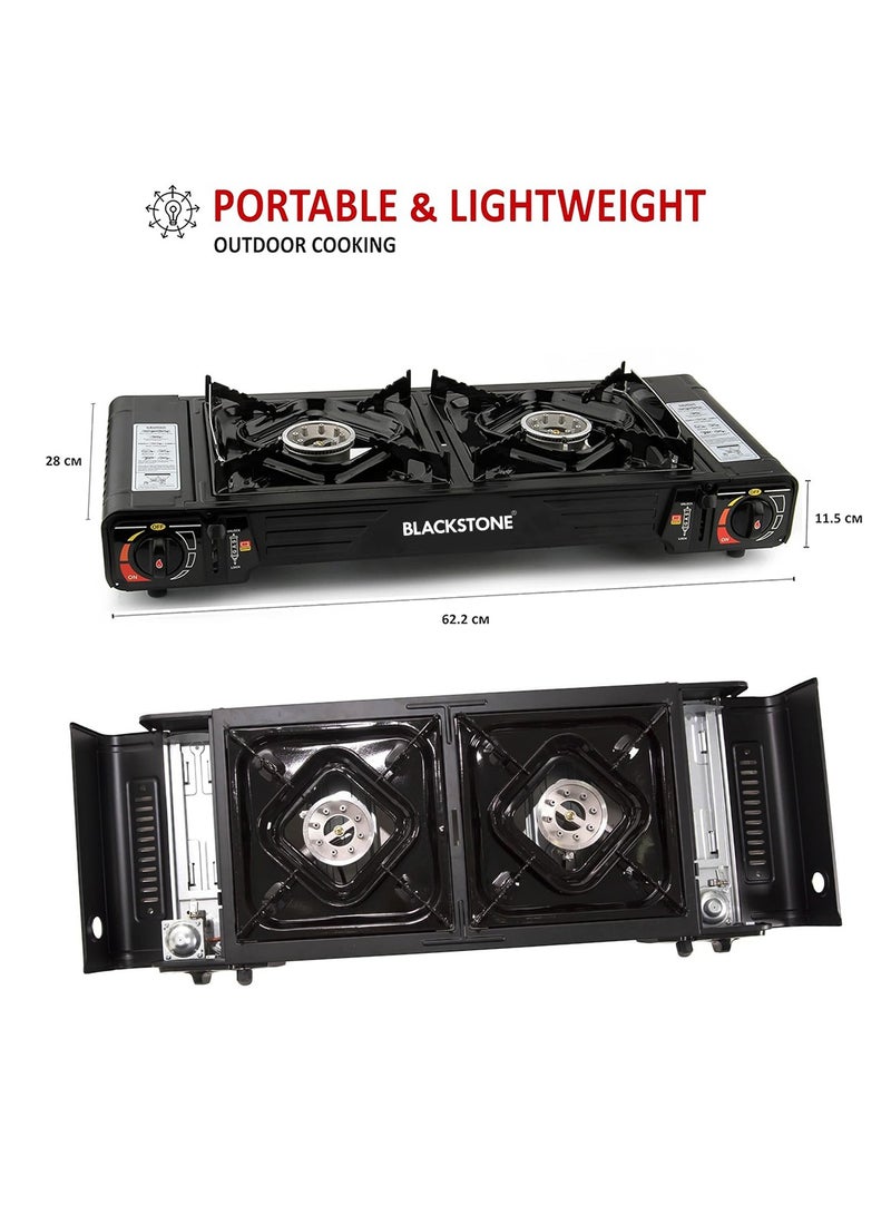 BLACKSTONE 62.2cm x 28cm Black Portable Gas Stove with Diecast Grill Plate and Carrying Case, BDZ168 Double Burner for Outdoor Camping, Backpacking, and Emergency Cooking - Image 2