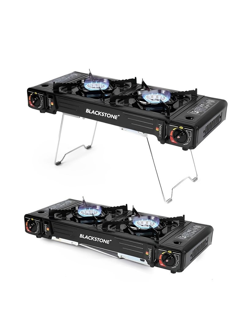 BLACKSTONE 62.2cm x 28cm Black Portable Gas Stove with Diecast Grill Plate and Carrying Case, BDZ168 Double Burner for Outdoor Camping, Backpacking, and Emergency Cooking - Image 1