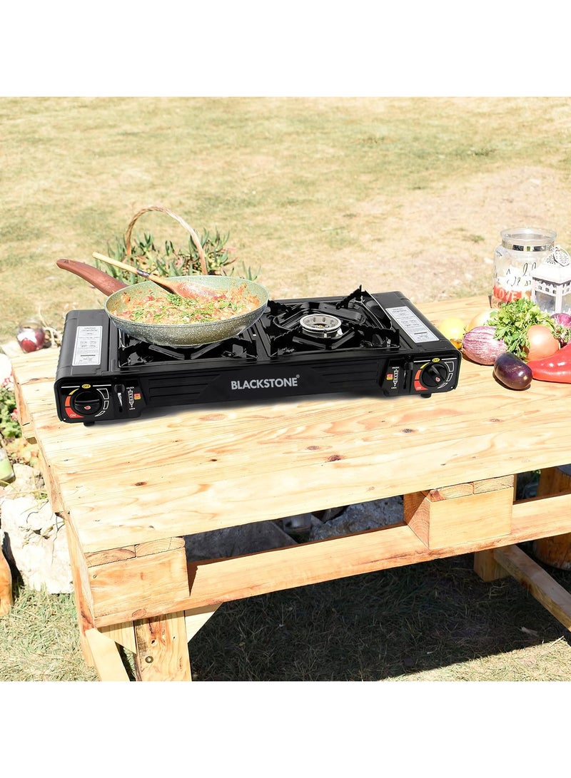 BLACKSTONE 62.2cm x 28cm Black Portable Gas Stove with Diecast Grill Plate and Carrying Case, BDZ168 Double Burner for Outdoor Camping, Backpacking, and Emergency Cooking - Image 4