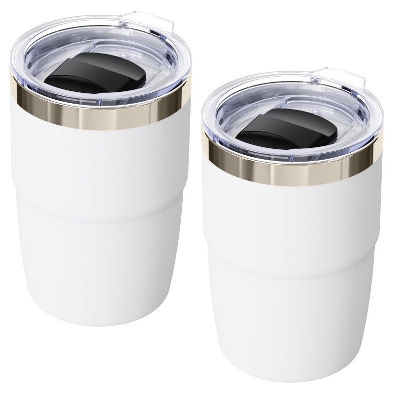 Cafezi 8 oz Espresso/Coffee Cup with Magnetic Lid, Ceramic-Lined 18/8 Stainless Steel, Double-Wall Vacuum Insulated, Stackable, Dishwasher Safe, Mini Tumbler for On-the-Go (White, 2 Pack) - Image 1